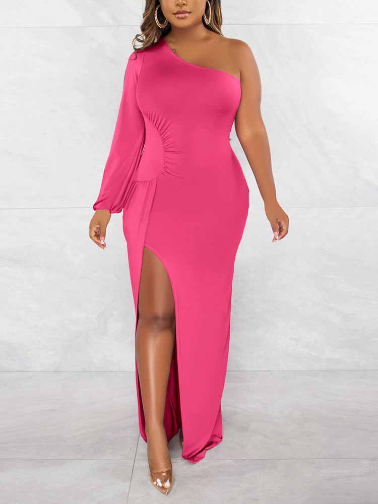 One Shoulder Maxi Dress with Slit - View 14 | Lwiis