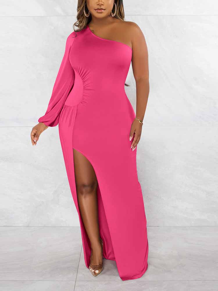 One Shoulder Maxi Dress with Slit - View 13 | Lwiis