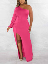 One Shoulder Ruched Split Maxi Dress - View 8 | Lwiis