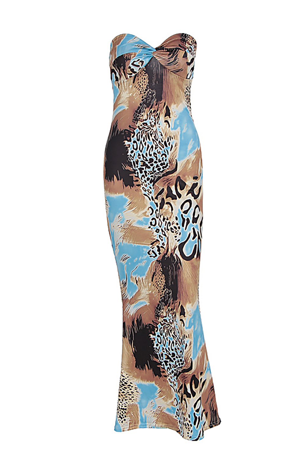 Blue leopard print strapless mermaid maxi dress with sweetheart neckline - View 6 | Lwiis