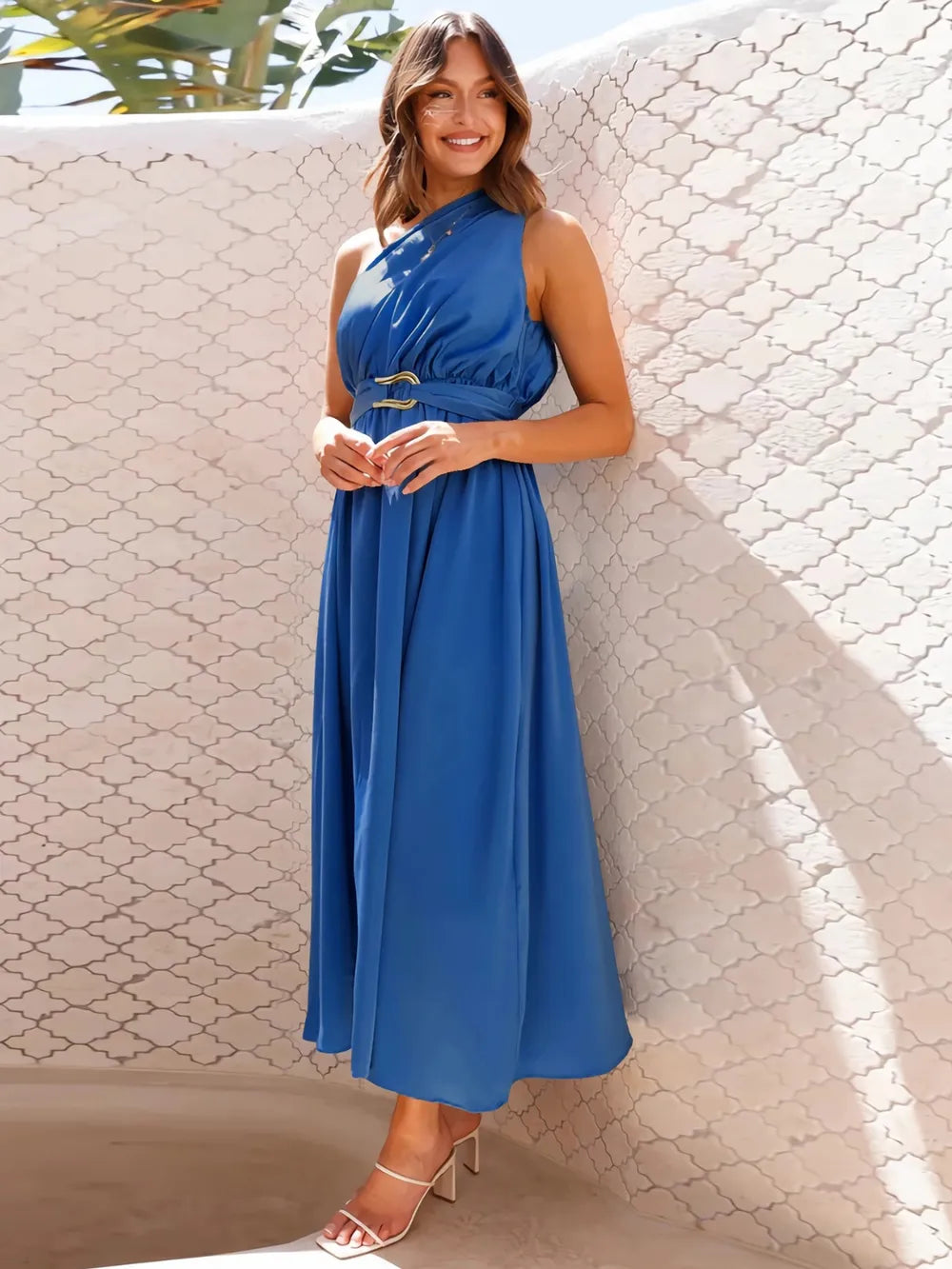 Asymmetrical neckline midi dress - View 14 | Lwiis