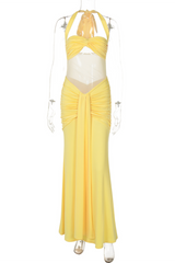 Yellow halter neck ruched maxi dress - View 6 | Lwiis