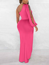 One Shoulder Ruched Split Maxi Dress - View 9 | Lwiis