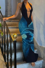 Floral print maxi dress with halter neckline - View 7 | Lwiis