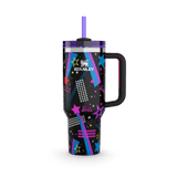 Stanley Barbie and the Rockers tumbler with straw and handle, featuring a black background with colorful star and geometric graphic print.
