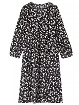 Close-up of the V-neckline on the floral print dress
