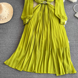 Pleated A-line maxi dress with belted waist and collared neckline - View 17 | Lwiis