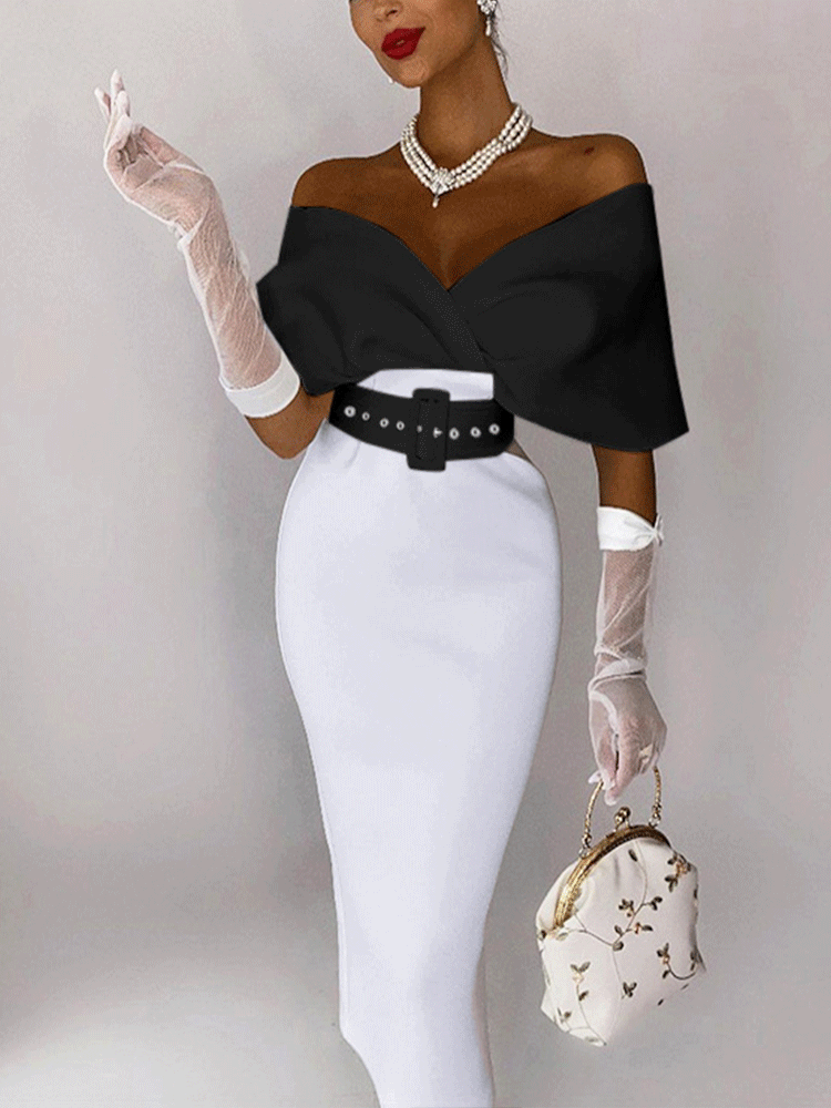Woman in a black off-the-shoulder top and white pencil skirt with white sheer gloves and a handbag.