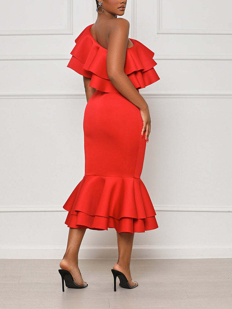 One Shoulder Ruffle Midi Dress - View 6 | Lwiis