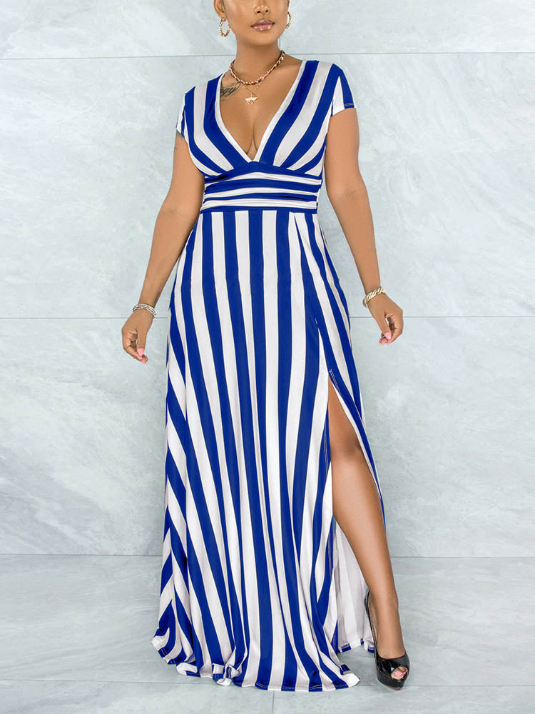 Striped maxi dress with V-neckline and high slit - View 6 | Lwiis