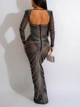 Mesh Embellished Long Sleeve Gown - View 6 | Lwiis