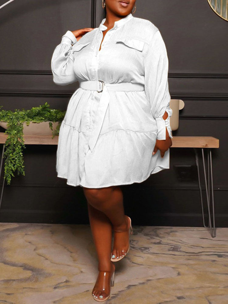 Belted Midi Dress with Ruffle Hem - View 18 | Lwiis