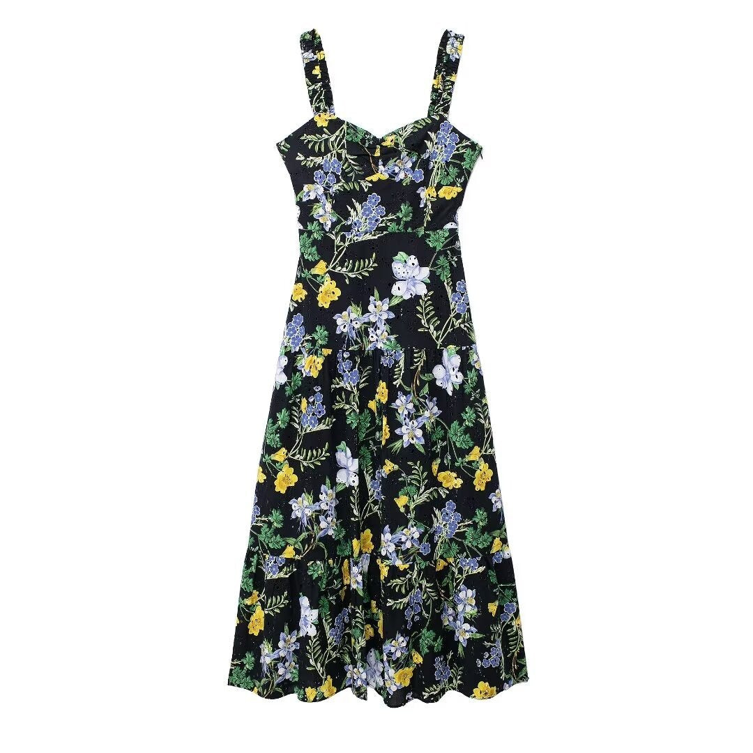 Black floral print midi dress displayed flat
