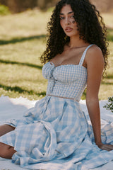 Blue gingham check midi dress with sweetheart neckline and tie front - View 8 | Lwiis