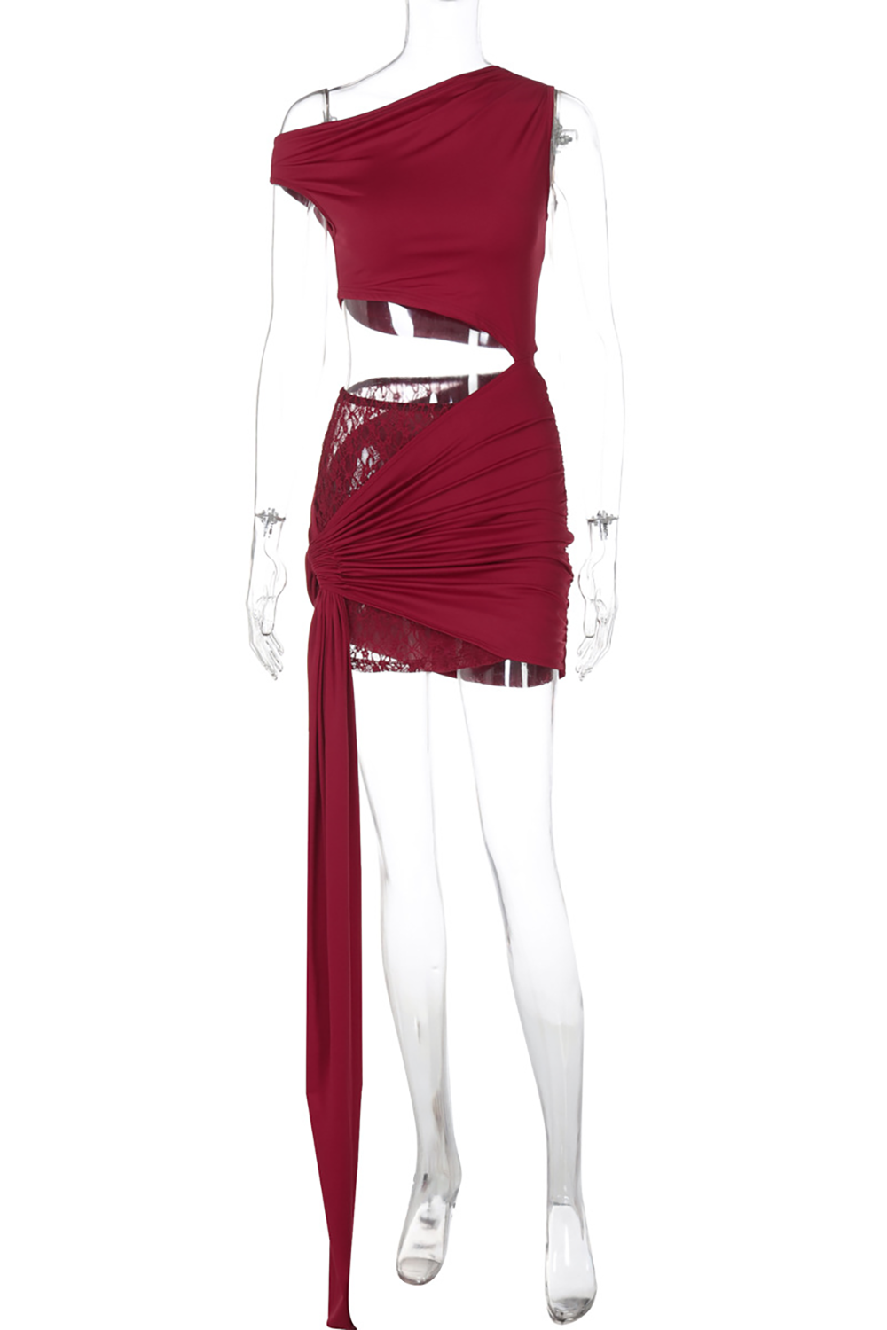 burgundy asymmetrical cutout dress with ruched skirt and draped accent on a mannequin