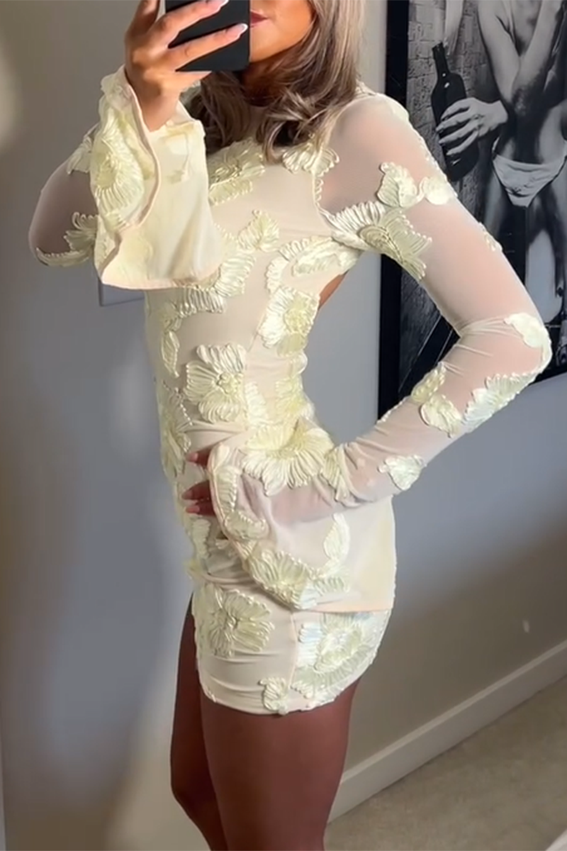 Floral mesh layered mini dress with bell sleeves - View 8 | Lwiis
