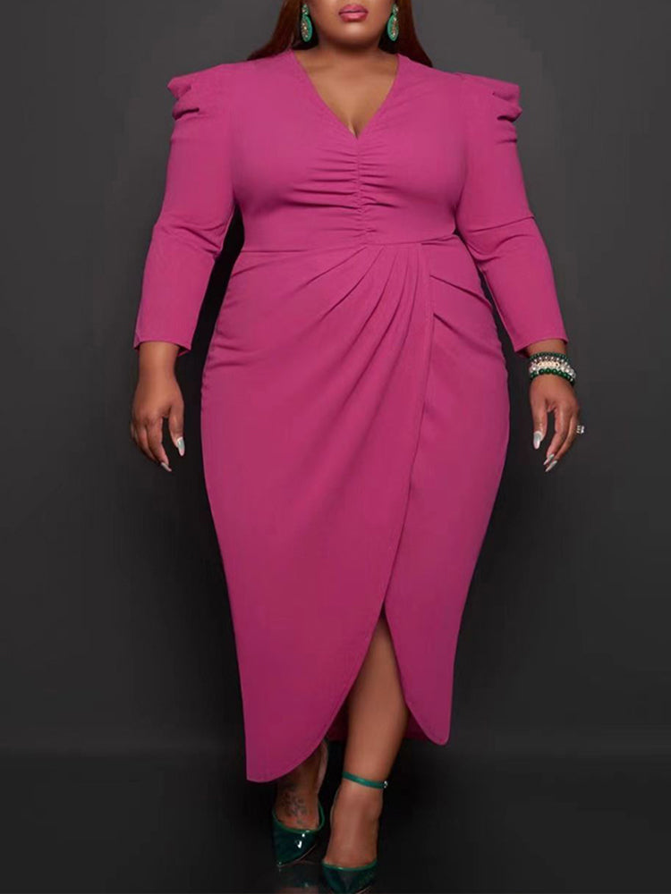 Ruched V-Neck Midi Dress with Split Skirt - View 10 | Lwiis