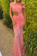 Skew Neck Waist Cutout Ruched Slim Fit Semi Sheer Hem Maxi Dresses - Pink