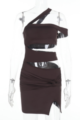 One Shoulder Ruched Slit Mini Dress - View 7 | Lwiis