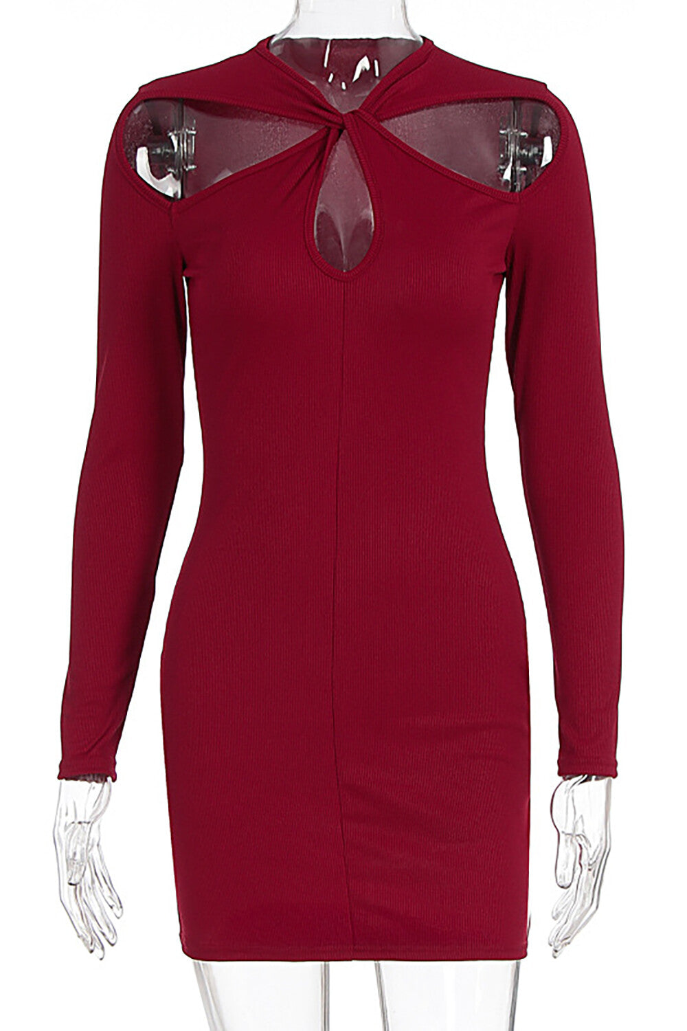 Ribbed knit cutout long sleeve mini dress - View 6 | Lwiis