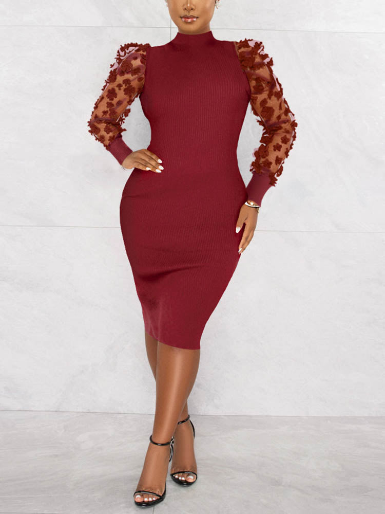 Ribbed mock neck midi dress with puff sleeves - View 23 | Lwiis