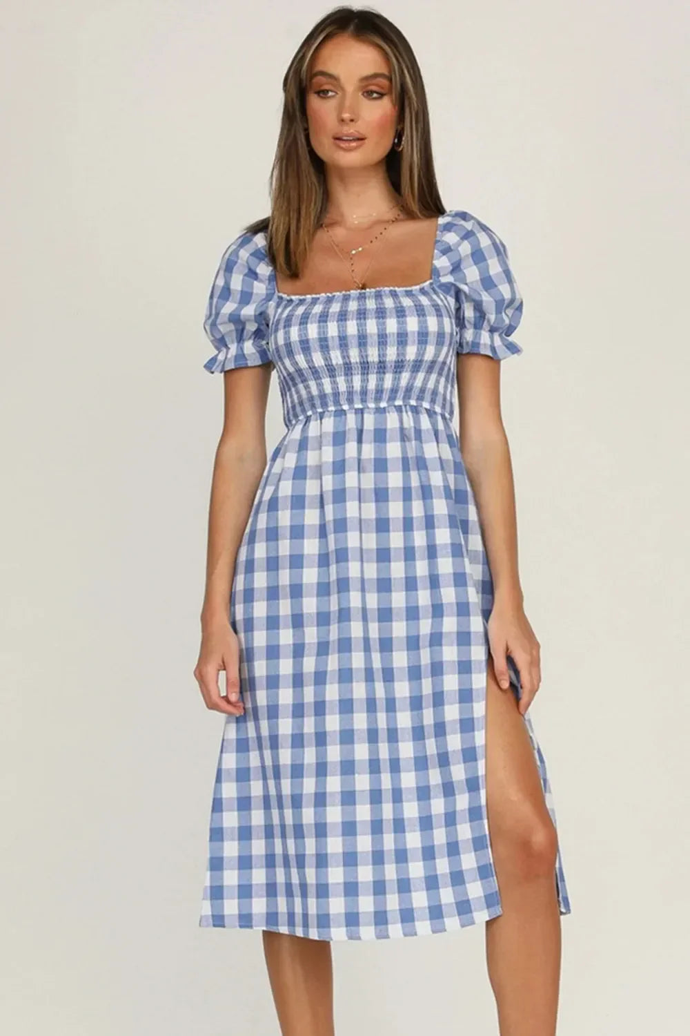 Plaid Midi Dress with Puff Sleeves - View 10 | Lwiis