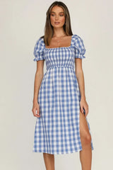 Plaid Midi Dress with Puff Sleeves - View 10 | Lwiis