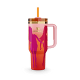 Stanley Barbie Collection 40 oz Quencher Tumbler with straw and handle, featuring a gradient design with silhouetted figures.