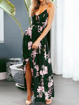 Floral print spaghetti strap maxi dress with V-neck and tie front - View 8 | Lwiis