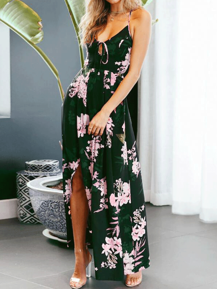 Floral print spaghetti strap maxi dress with V-neck and tie front - View 8 | Lwiis