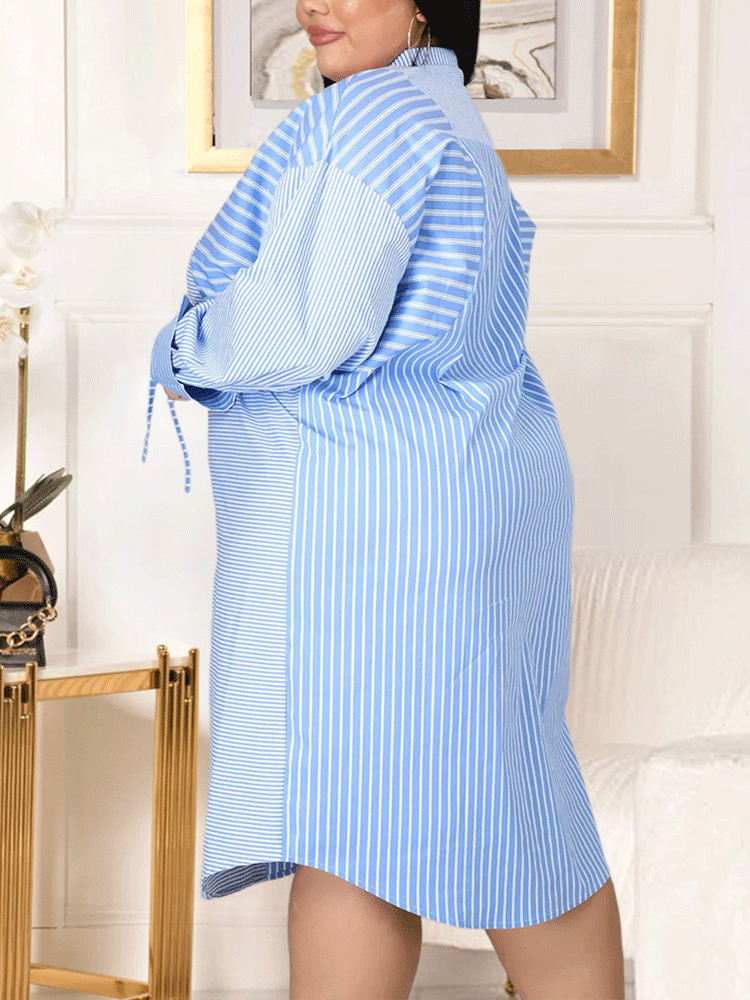 Striped button shirt midi dress with collared neckline and belted waist - View 8 | Lwiis