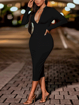 Side view of a woman in a black long-sleeved bodycon midi dress, highlighting the silhouette.