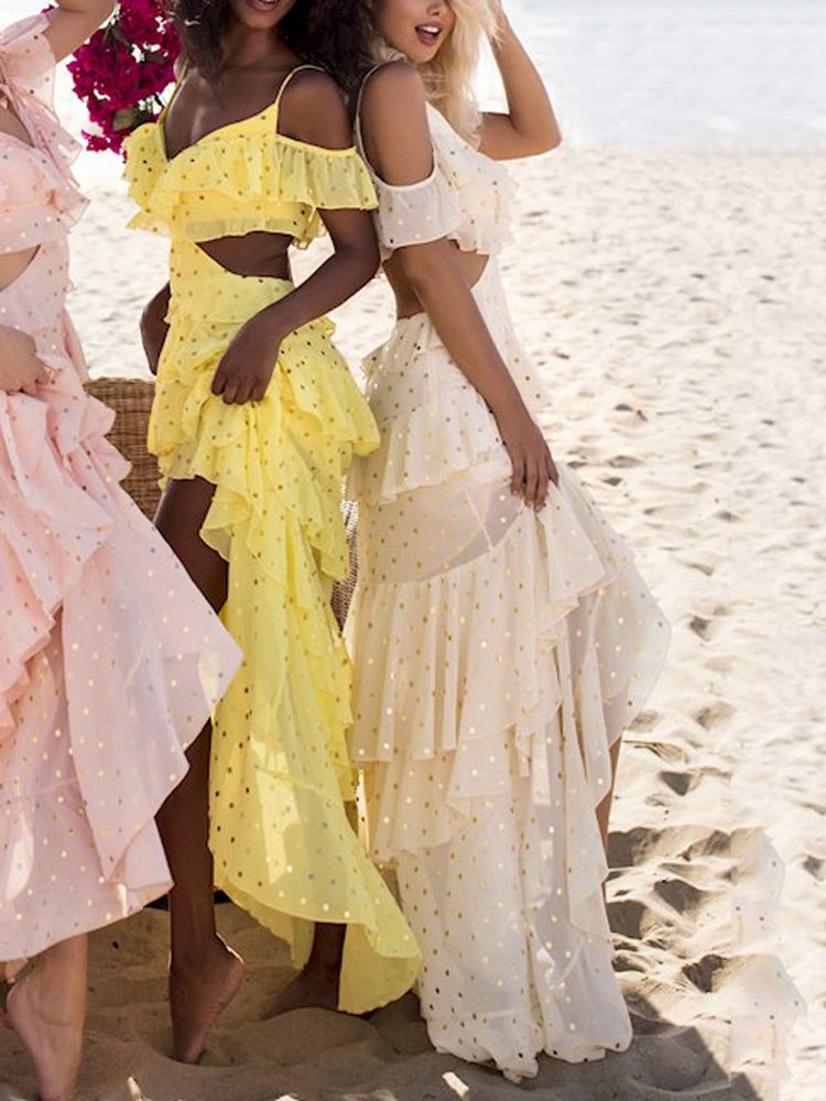 Ruffled Cold Shoulder Maxi Dress - View 10 | Lwiis
