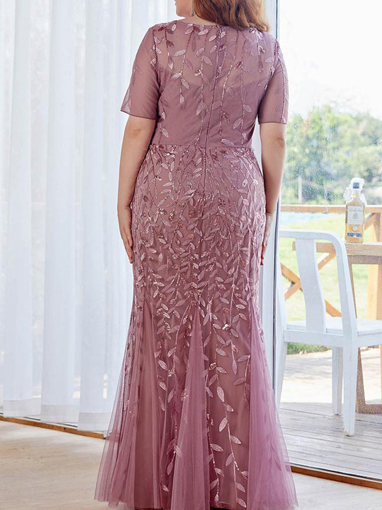 Sequin leaf pattern mermaid maxi dress with scoop neck - View 8 | Lwiis