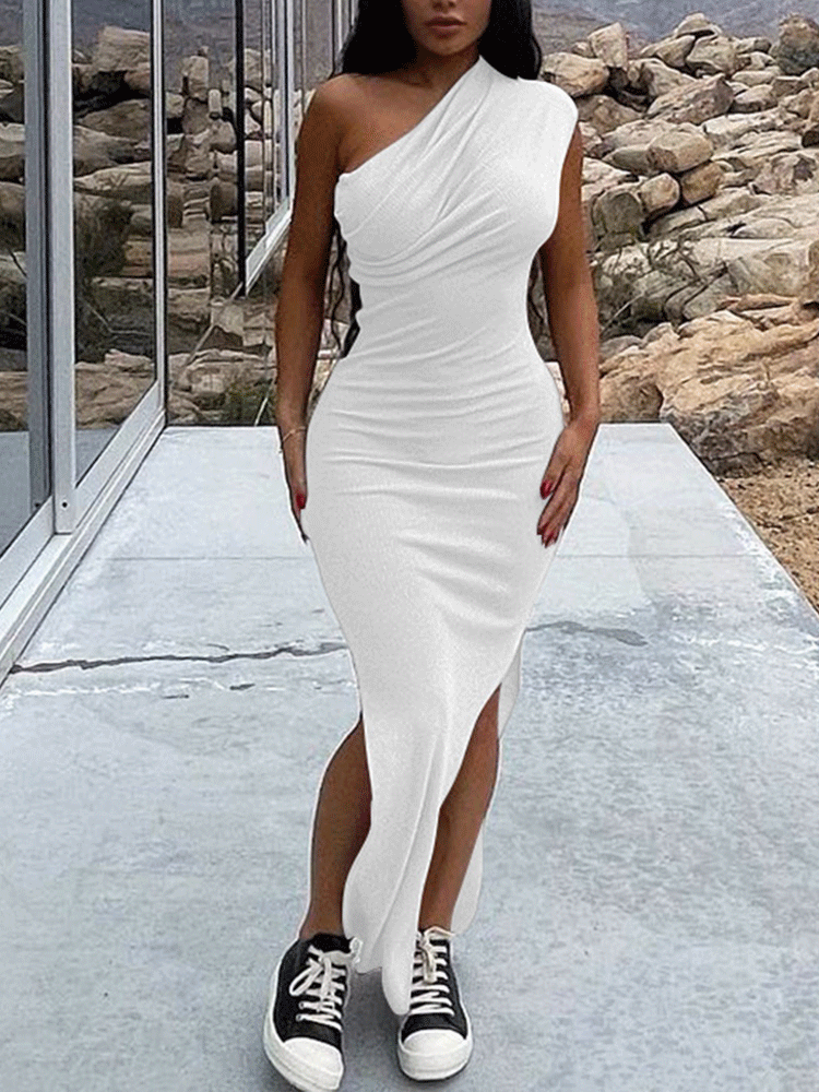 One shoulder maxi dress with high slit - View 11 | Lwiis