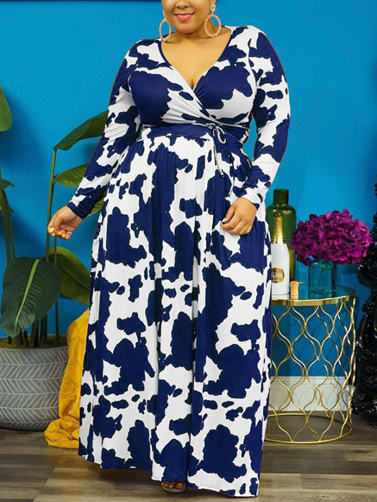 Cow Print Maxi Dress with V-Neck and Long Sleeves - View 10 | Lwiis