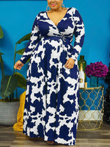 Cow Print Maxi Dress with V-Neck and Long Sleeves - View 10 | Lwiis