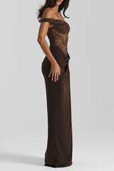 Side view of a woman in a dark brown off-the-shoulder dress featuring a lace bodice and a draped skirt.