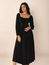 Black lace-up midi dress with square neckline and puff sleeves - View 8 | Lwiis