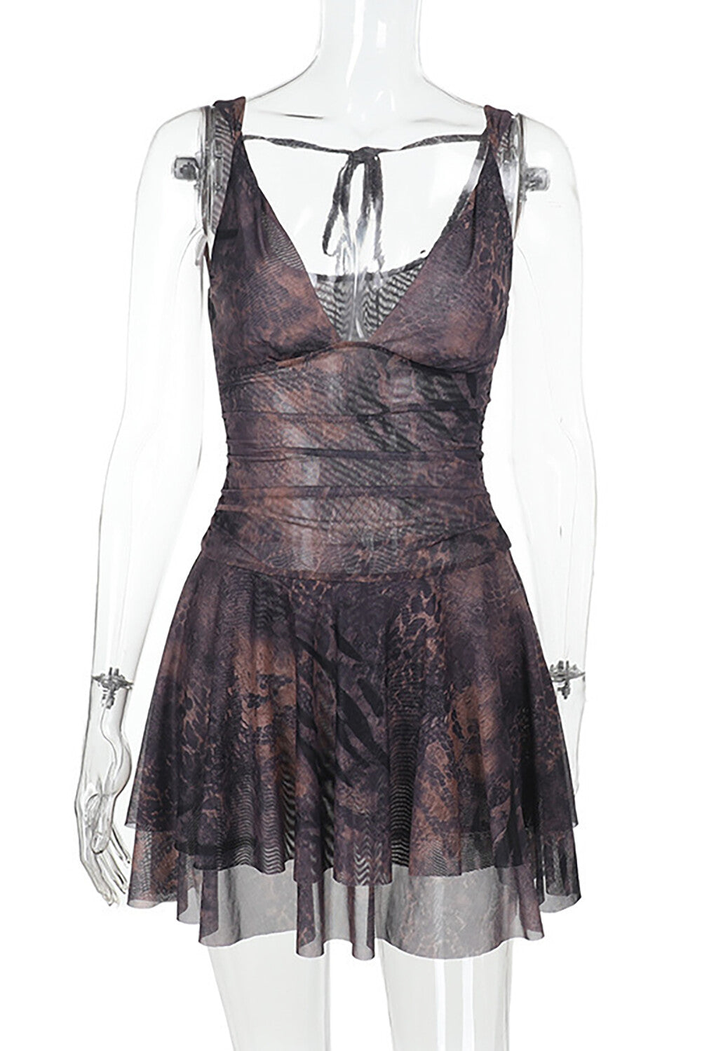 A sheer mesh mini dress with an animal print pattern displayed on a mannequin, featuring a plunging V-neck and a ruched waist.