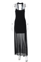 Shimmering Bodycon See Through Mesh Patchwork Hem Slip Maxi Dresses - Black