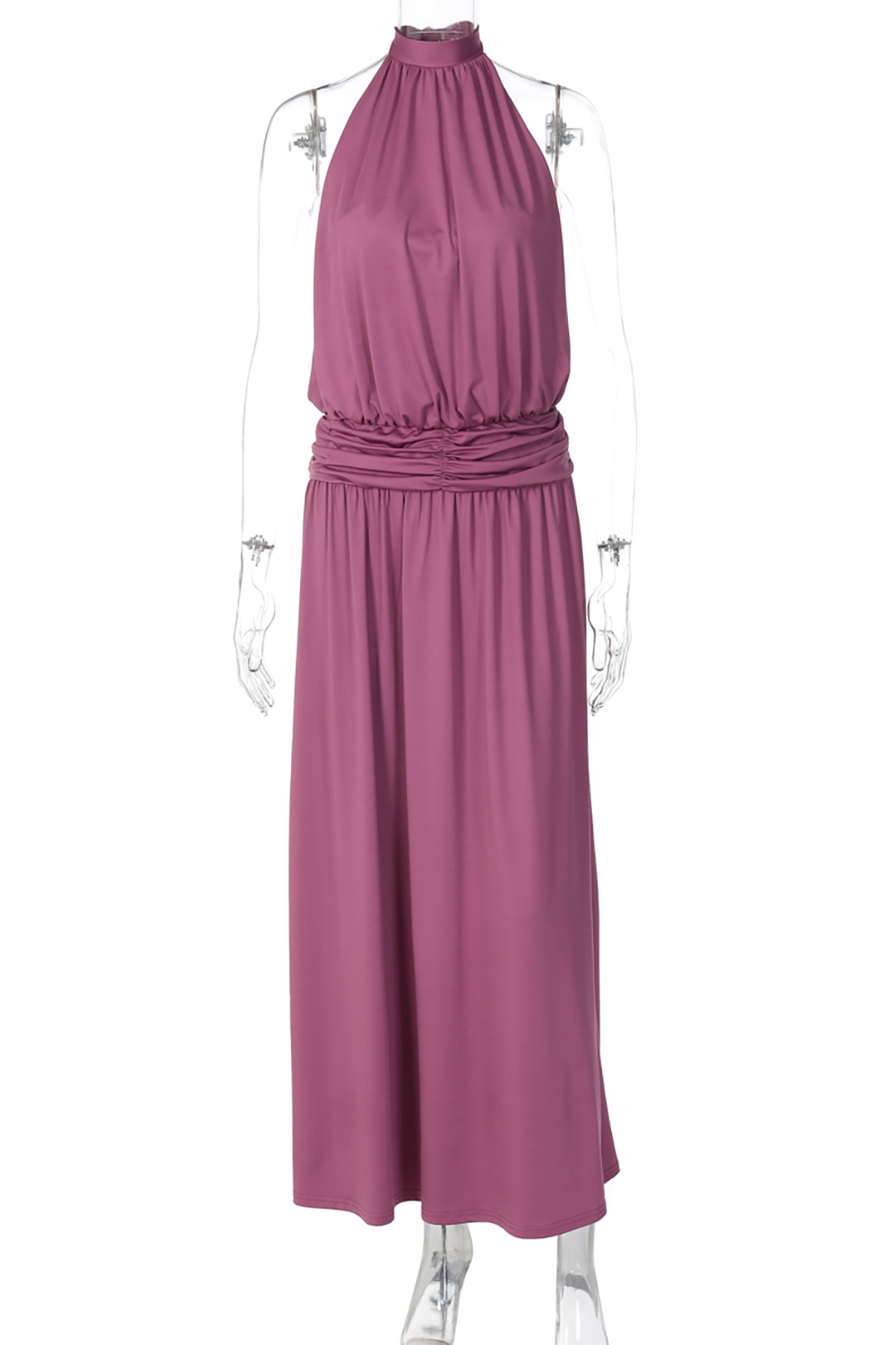 plum halter neck maxi dress on a mannequin