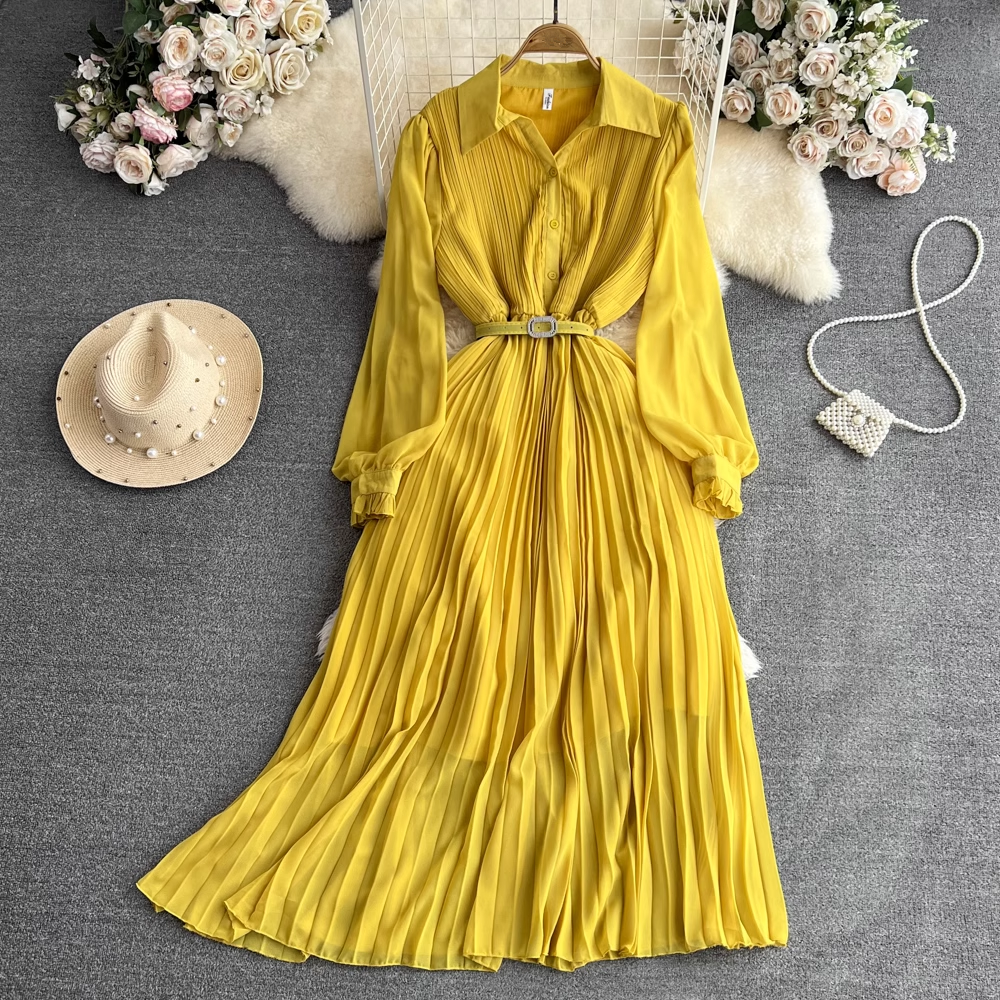 Pleated A-line maxi dress with belted waist and collared neckline - View 14 | Lwiis