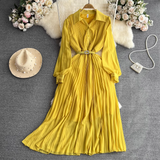 Pleated A-line maxi dress with belted waist and collared neckline - View 14 | Lwiis