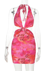 Floral print halter neck mini dress with cutout detail - View 9 | Lwiis