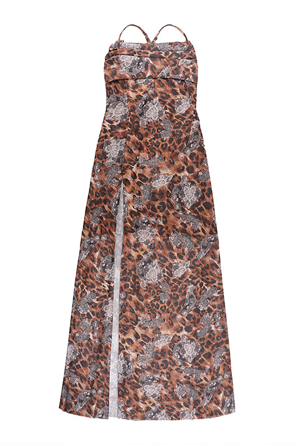 Leopard Floral Print High Slit Strappy Maxi Dress in Brown - View 6 | Lwiis
