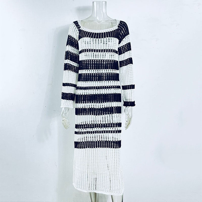 Striped knit maxi dress with long sleeves - View 8 | Lwiis