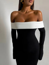 Off-shoulder knit maxi dress with contrast trim - View 6 | Lwiis