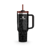 Stanley Barbie Ken Quencher H2.0 FlowState Tumbler, black with white western stitching pattern, featuring a straw and handle, isolated on a white background.
