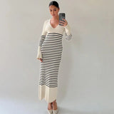 Striped knit maxi dress with long sleeves - View 8 | Lwiis